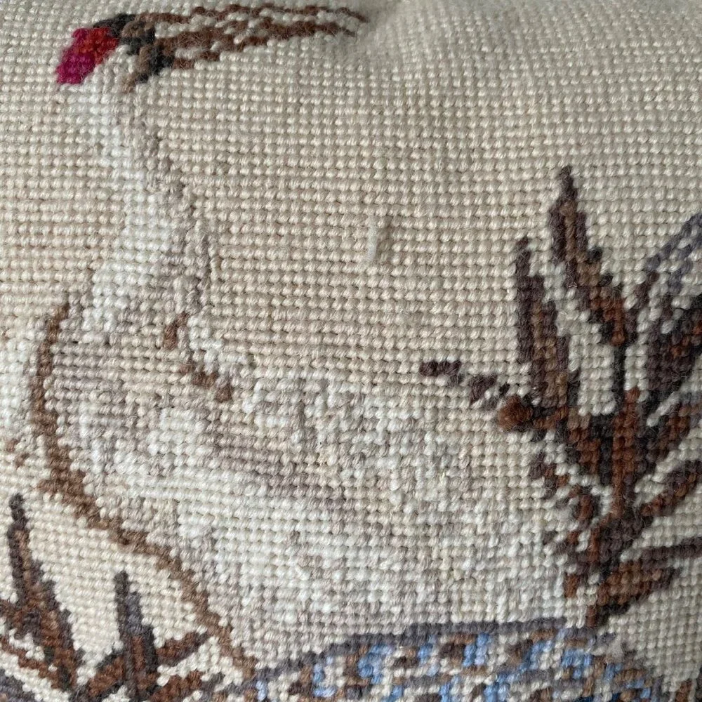 Wool needlepoint petit‎ point cranes bamboo cream throw pillow zip back 15x14